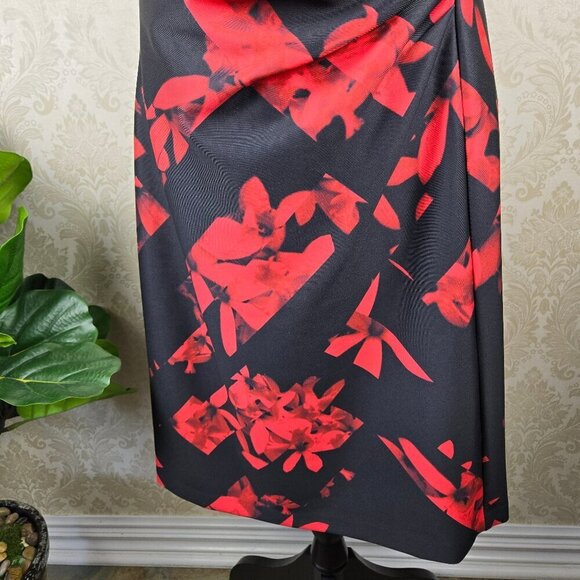 Karl Lagerfeld Sz 14 Black Red Floral Print Sheath Dress Sleeveless Ruched Front - Picture 4 of 14